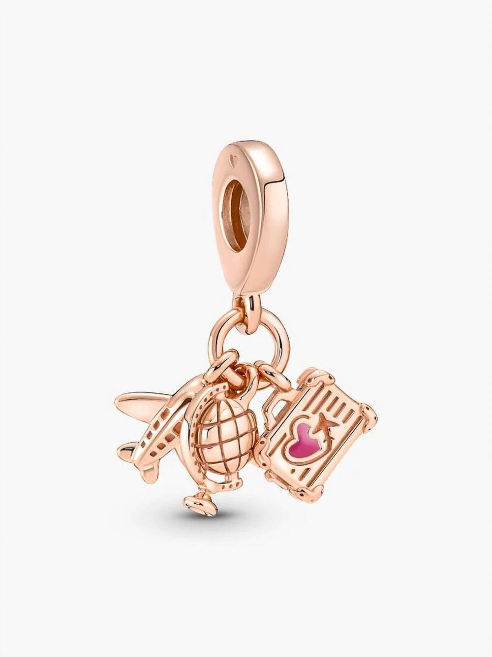 NEW PANDORA women's airplane, globe & suitcase dangle charm in rose gold